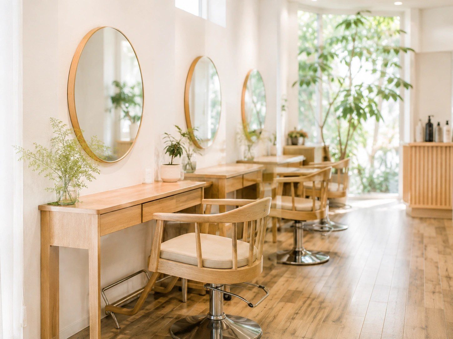 Hair Salon Soleil の店内(丸鏡と木製のセット面)